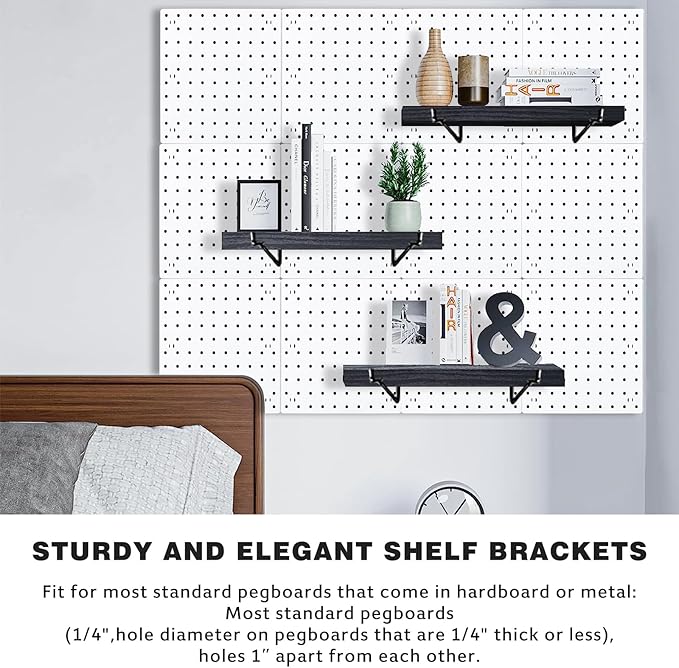 Black Pegboard Shelf, 4 Pack Wooden Pegboard Shelves with Metal Brackets Hooks, Heavy Duty Peg Board Organizer Shelves, Pegboard Accessories Organizer for Crafts Room, Garage, Workbench, Office