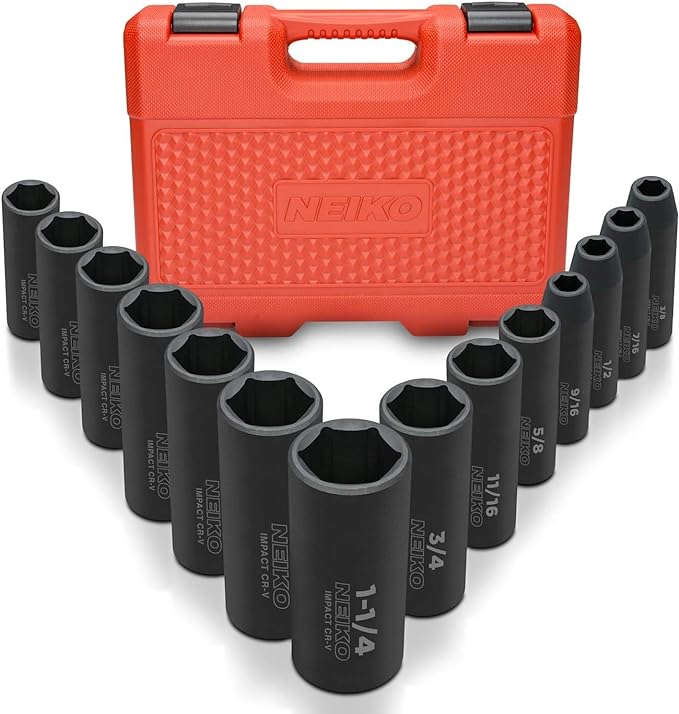 Neiko 02476A 1/2" Impact Socket Set, 14 Piece 6 Point Impact Set, Standard Impact Socket Set, SAE Sizes (3/8-Inch to 1-1/14") Cr-V Steel, Deep Socket Set 1/2 Drive,