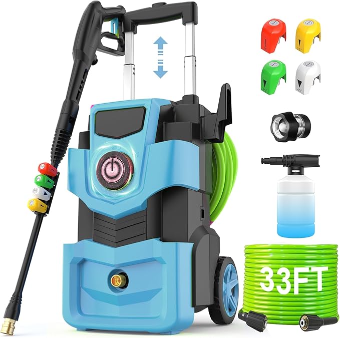 Adjustable Electric Pressure Washer 5000PSI with 33FT Flexible Extension Hose + 34FT Power Cord, 4 Nozzles, Foam Cannon, Best Power Washer for Cars, Patios, Driveways, Blue