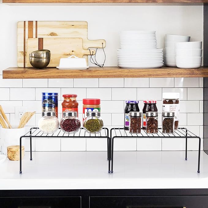 Medium (13.1 x 10.2 Inch) Cabinet Storage Shelf Rack , Kitchen Shelves，Kitchen Counter and Cabinet Shelf, Storage Rack Organizer for Kitchen, Fridge, Cabinet, Bathroom Cupboard& Pantry (4, Black)