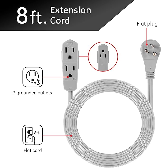 GE 3-Outlet Flat Extension Cord 8 Ft Grounded Extension Cord with Multiple Outlets 3 Prong Outlet Extender Flat Plug Indoor Power Strip 16 Gauge UL Listed Gray 43027