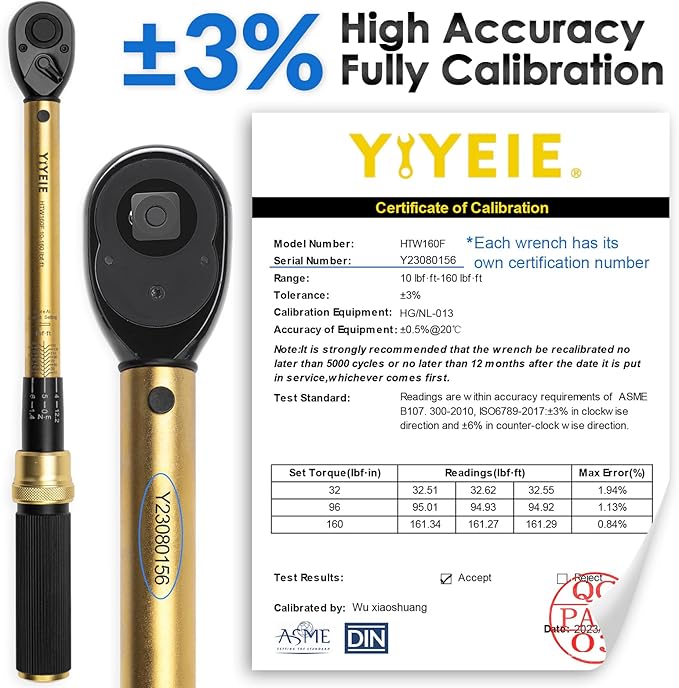 1/2-Inch Drive Torque Wrench, 10-160 FT.LB (10-227 Nm), 72-Tooth Professional Click Torque Wrench Set with 3/8 Adapter & Extension Bar, Lug Nut Torque Wrench for Car Tire & Wheel
