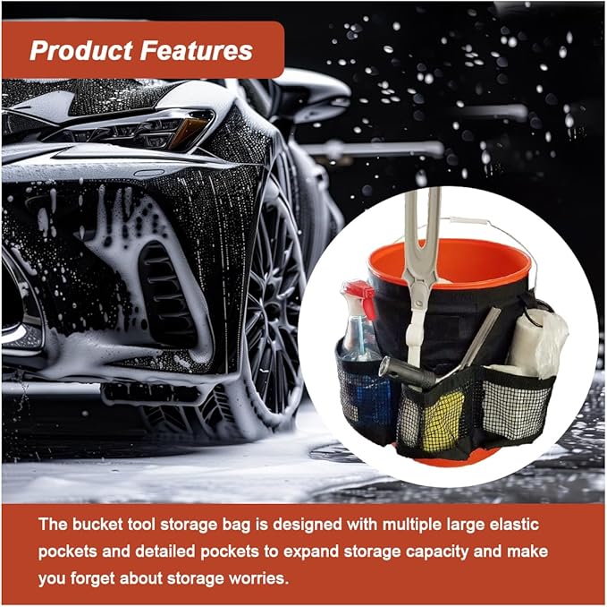 5 Gallon Bucket Tool Organizer Bag, Multi-Purpose Car Bucket Wash Tool with Mesh Storage Pockets, Universal Vehicle Cleaning Supplies Accessories for Home, Gardening, Fishing