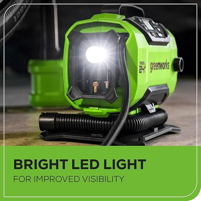 Greenworks 24V Cordless Tire Inflator, 160 PSI Portable Air Compressor, 2 Power Sources, Auto Shut Off, for Car, Bicycle, Motorcycle, Air Boat, Inflatables With 2.0 Ah Battery & 2A Fast Charger