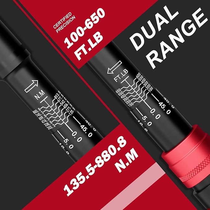 VANPO 3/4-inch Drive Click Torque Wrench, 100-650Ft-Lb/135.5-880.8Nm, Industrial Adjustable Torque Wrench Set with a Hex Key for Oil Rigs, Trucks & Off-Road Equipment