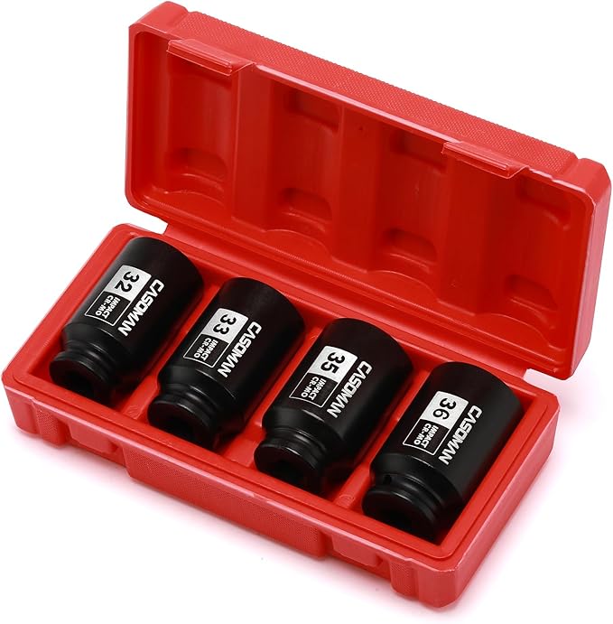 CASOMAN 1/2'' Drive Deep Spindle Axle Nut Impact Socket Set, 6 Point, CR-MO,32,33,35,36mm, 4PC 1/2-Inch Impact Socket Set, Heavy Duty Use In Removing And Installing Axle Nuts