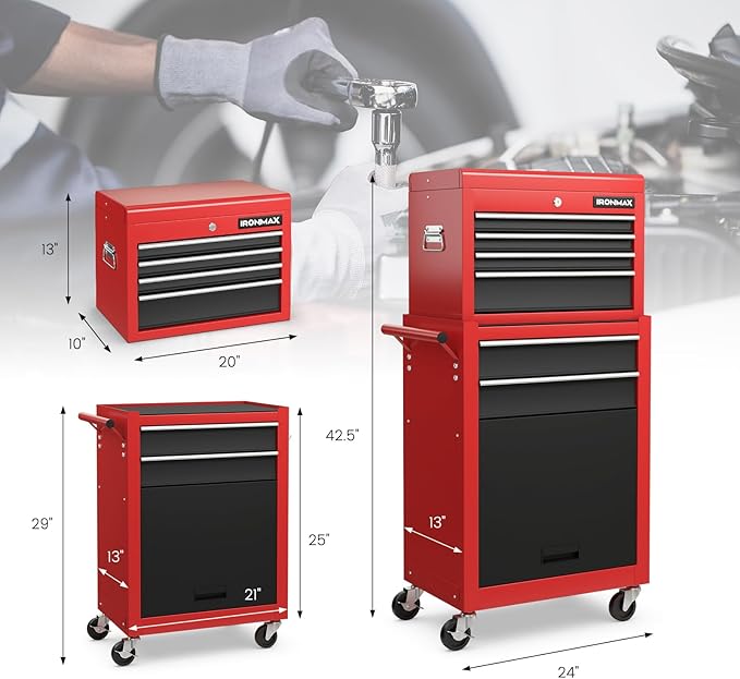 Goplus Tool Chest, 6 Drawers Rolling Tool Cabinet with Detachable Top Toolbox, Universal Lockable Wheels, Protective Liner, Auto Lock, Metal Tool Storage Cart, Tool Box for Garage Workshop