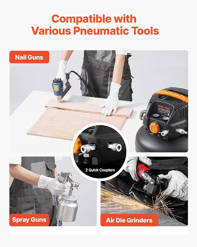 VEVOR 6 Gallon Air Compressor, 1.7HP 2.3CFM@90PSI Portable Pancake Air Compressor & 150PSI Max Pressure, 12-Piece Accessory Kit with 50FT Air Hose for Tire Inflation, Spray Painting, Woodwork Nailing