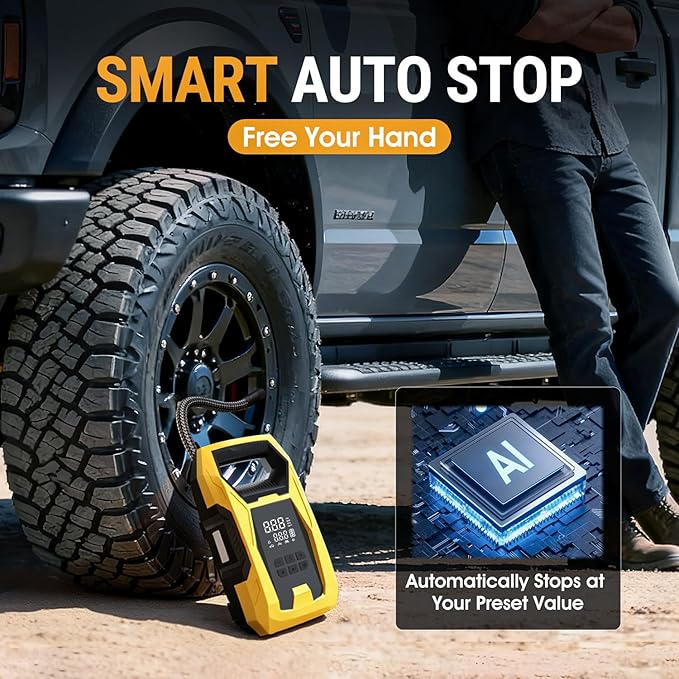 CARSUN Cordless Tire Inflator Portable Air Compressor, 150 PSI Portable Air Pump for Car Tires with Digital Dual Values Display, Tire Pump for Car, Bike, Motorcycle, Ball (with 7800mAh Battery)