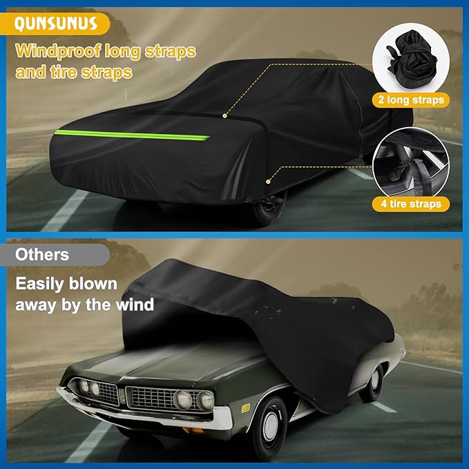QUNSUNUS Car Cover for Ford Torino 1968-1976 and Fairlane 1968-1970 4-Door, Waterproof Torino Car Cover with Zipper and Straps for Wind, Sun, UV and Dust Protection