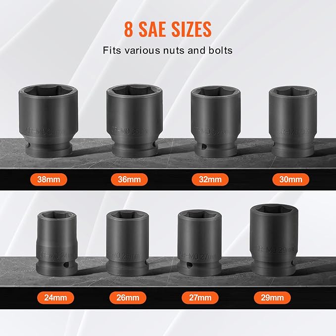 VEVOR Axle Nut Impact Socket Set - 3/4" Drive 6-Point 8-Piece Metric Spindle Nut Socket CR-MO Heat Treated Large Socket Set with Storage Case for Auto Repair, Removing or Installing Axle Nuts