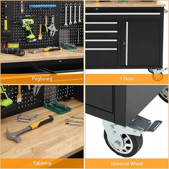 GAOMON 61-inch Rolling Tool Chest, 10 Drawers Garage Workbench Storage Tool Cabinet with Power Strip, Solid Rubber Wood Top, 1675 LBS Load Mobile Workstation, Heavy Duty Rolling Cabinet