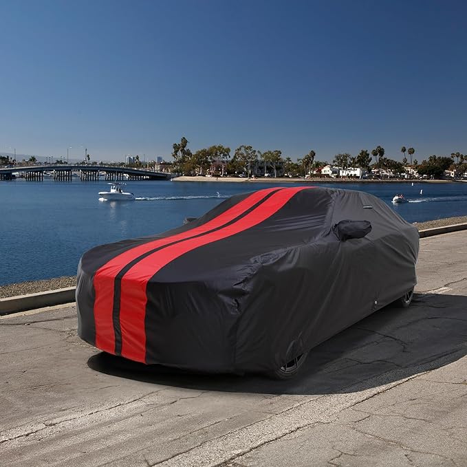 iCarCover Custom Car Cover for Buick Riviera (1989-1993) Waterproof All-Weather Rain Snow UV Sun Protector Full Exterior Indoor Outdoor Car Cover (Stripe - Black/Red)