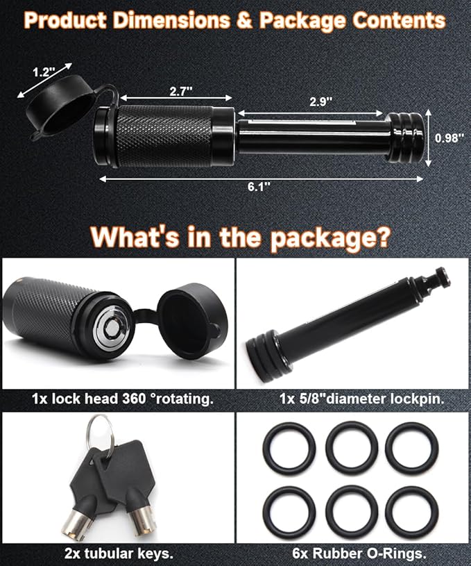 Trailer Hitch Lock with Anti-Theft Design, 5/8" Diameter Pin Fits 2" 2-1/2"Hitch Receivers with 6 Anti-Rattle Rubber O-Rings, Hitch Receiver Lock Perfect for Truck, Boat, Bicycle