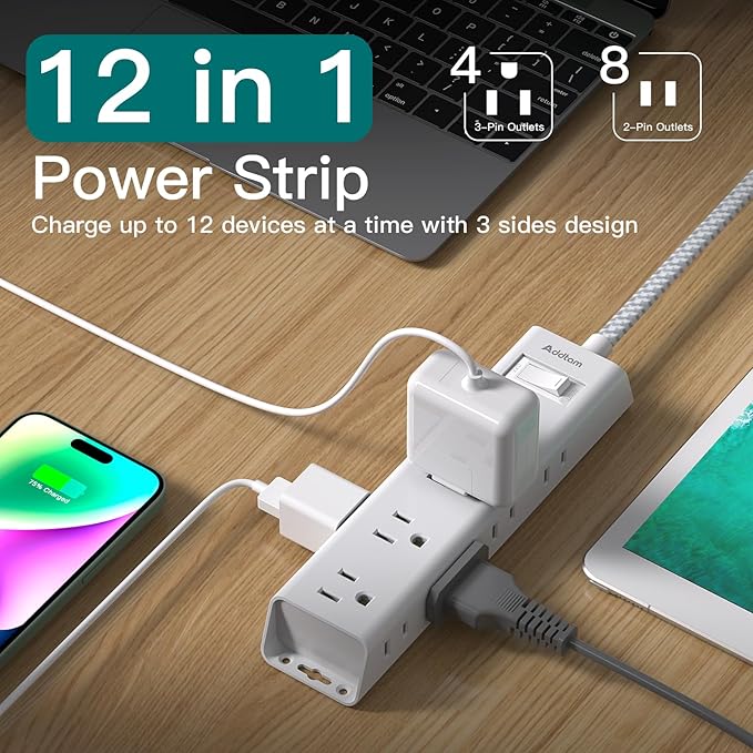Extension Cord with Multiple Outlets - Addtam Power Strip with 12 Widely AC 3 Sides, 5Ft Extension Cord, 1050J Surge Protector, Wall Mount, Desk Charging Station for Home Office Dorm Room Essentials