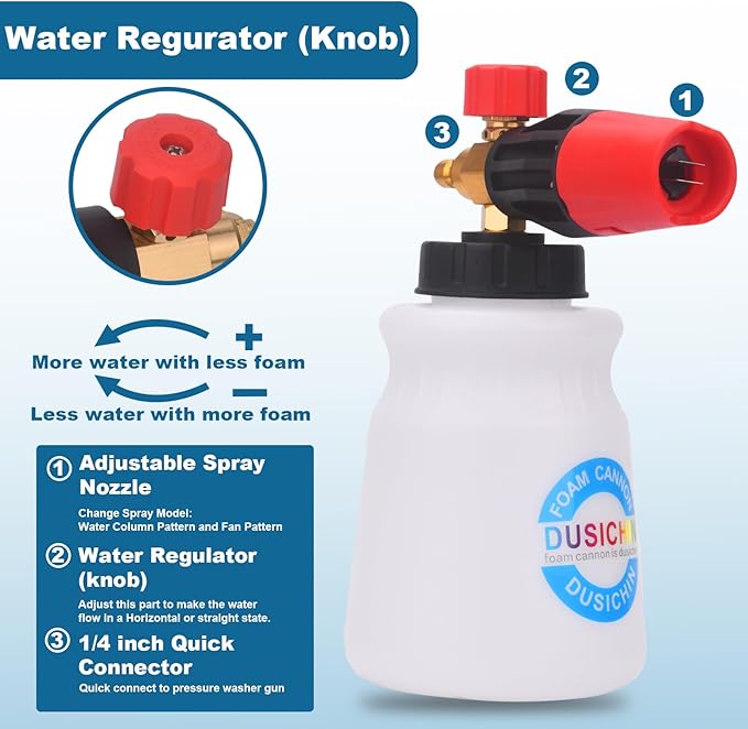 DUSICHIN Pressure Washer Short Gun Foam Cannon 1/4" Quick Connector,Car Wash Foam Gun Kit Dual Connector Accessory,Double Tip Attachment For Soap Cannon with 5 Nozzle Tips DUS2501
