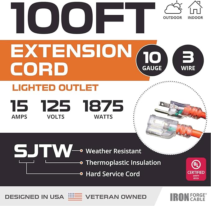 Iron Forge Cable Lighted Outdoor Extension Cord 100 Ft - 10 Gauge Heavy Duty Extension Cord, 15 AMP, 10/3 Orange Power Cable SJTW Weatherproof 3 Prong