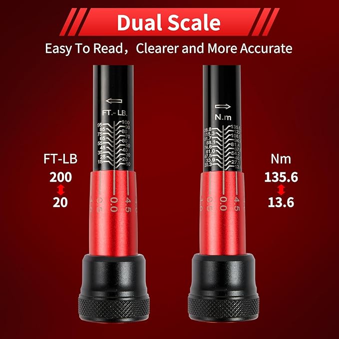 3/8-Inch Torque Wrench, Dual-direction Torque Wrenches 10-100ft.lb/13.6-135.6Nm, 72-Tooth Dual Range Scales Torque Wrench with Quick Release Reversible Head
