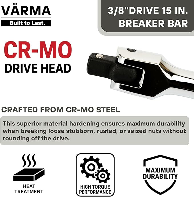 3/8-Inch Drive Breaker Bar, 15-Inch – Heavy Duty CR-MO Head & 15mm Thick Shaft – Dual-Knurled Non-Slip Grip, Constant Tension Flex Head, Premium Mirror Chrome Finish