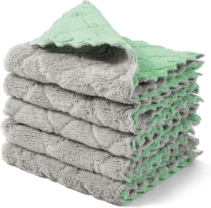 kimteny Cleaning Cloths Kitchen Towels Microfiber Washcloths Lint Free Dish Cloth Reusable Dishtowels Household Super Absorbent Fast Drying, 10"x10", Pack of 5 (Green-Grey)