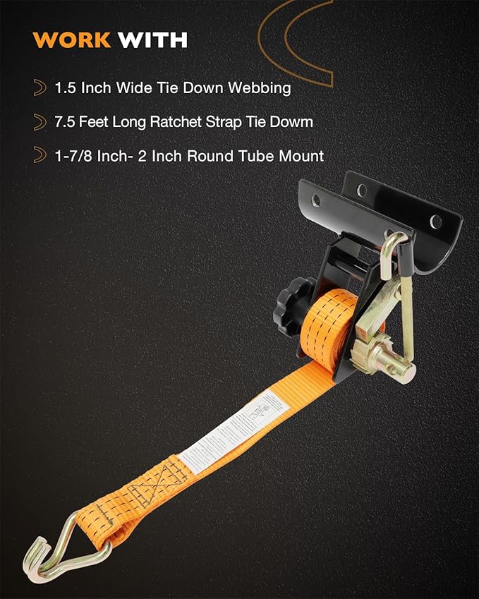 Rack Ratchet Straps, W/J-Hook (2PCS), 2" Black Round Tube Mount, 1.5" Wide x 7.5' Long, Orange Ladder Rack Ratchet Straps, 500 lbs Load Heavy Duty, Truck/Lumber Rack Straps, Pipe/Roof Rack Strap