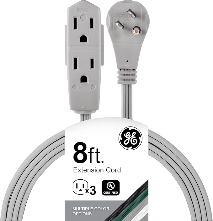 GE 3-Outlet Flat Extension Cord 8 Ft Grounded Extension Cord with Multiple Outlets 3 Prong Outlet Extender Flat Plug Indoor Power Strip 16 Gauge UL Listed Gray 43027