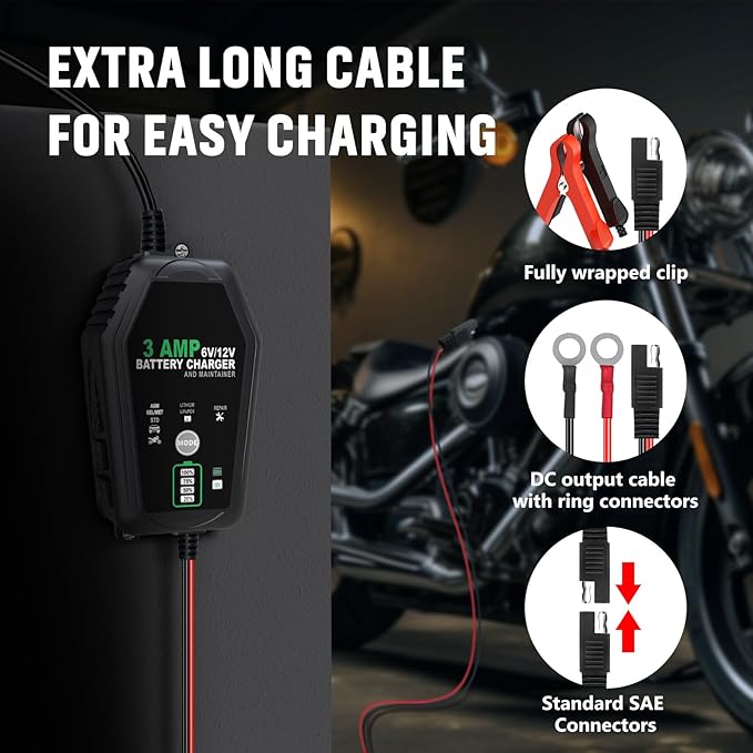 2 Pack 3 AMP Battery Charger - 6V/12V Smart Automotive Battery Charger, Fully Automatic and Maintainer Trickle Charger for Car, Motorcycle, Boat, Lead-Acid, Lithium, LiFePo4 Battery