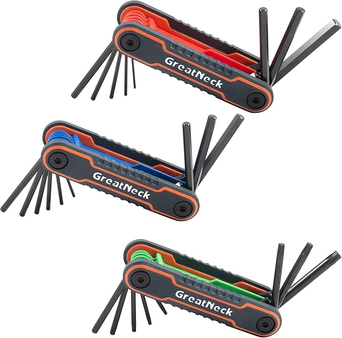 Great Neck 74206 25 Piece Folding Star, SAE, And Metric Hex Key Set, Allen Key Set, Labeled Wrench Sizes, Adjustable, Color Coded Body for Easy Identification