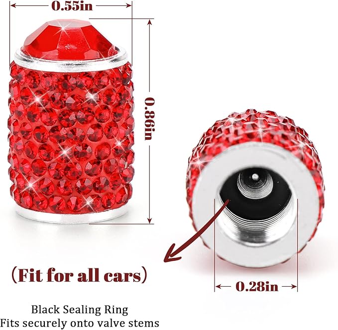 ToBeQueen Bling Tire Valve Caps Red, 4 Pack Handmade Crystal Rhinestone Valve Stem Covers Universal Dustproof Bling Car Accessories for Car/SUV/Motorcycle/Bike(Red)