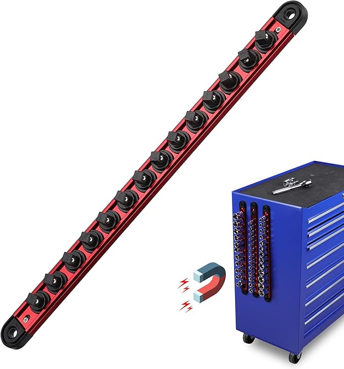 Magnetic Socket Holder Organizer Set: 3/8 Detachable Socket Trays Socket Organizer for Tool Box Drawer Holds 14-Piece Standard Size Sockets for Automotive Mechanic Garage(Red)
