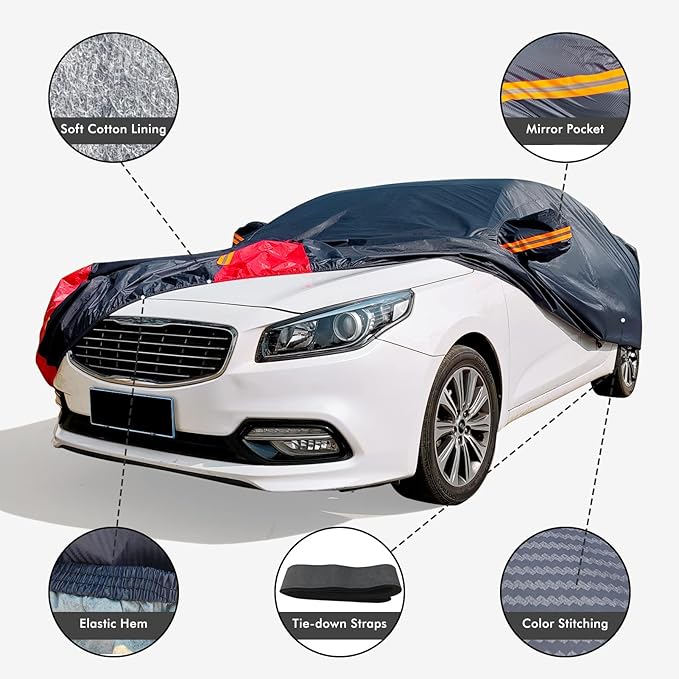 Car Cover Waterproof All Weather for Automobiles, 6 Layers Outdoor Full Exterior Cover Rain Sun UV Snowproof Protection with Zipper Cotton, Mirror Pocket for Sedan (196-210 inch)