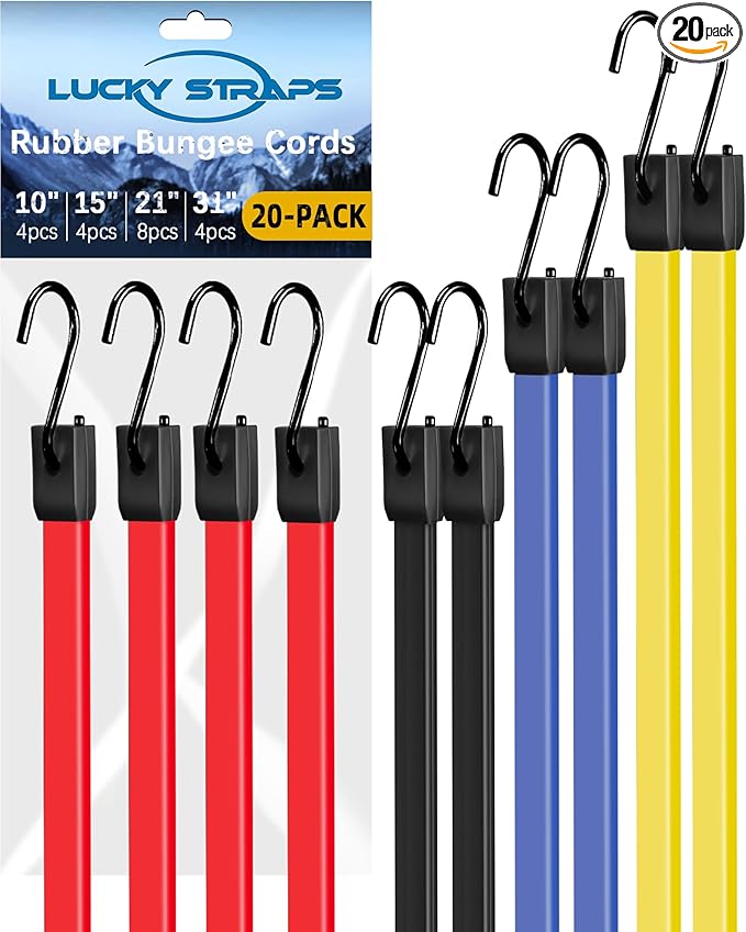 20 Pack Rubber Bungee Cords with Upgraded Hooks, 10 15 21 31 Inch Bungee Straps Heavy Duty Outdoor, Weatherproof Tarp Straps with 1.9X Max Stretch & 100% Rubber for Cargo, Van, Truck, Motorcycle, etc
