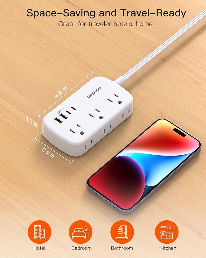 15FT Flat Plug Power Strip with USB C, BESHON Flat Extension Cord, 6 Outlets 4 USB Port(2 USB C), No Surge Protector, Cruise Ship, Dorm Room Travel Essentials