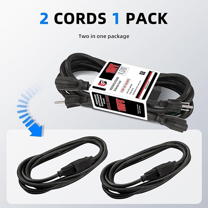 EP 2 Pack 15FT Black Outdoor Extension Cord, 16/3 SJTW Heavy Duty Waterproof, 3 Prong Grounded Plug, 13A 1625W 16AWG, Cold-Resistant Flexible Power Cable for Garden, Home, Christmas Lights