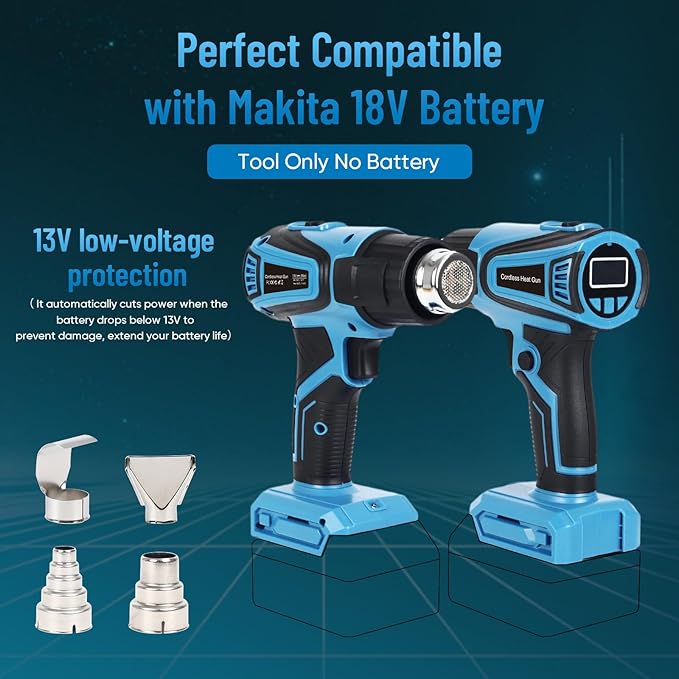 Cordless Heat Gun Compatible with Makita 18v Battery, Fast Heating Variable Temp (122°F~1112°F) Hot Air Gun LCD Display and 4 Nozzle for for Crafting, Shrink Tubing, Vinyl Wrap, Resin, DIY(No Battery)