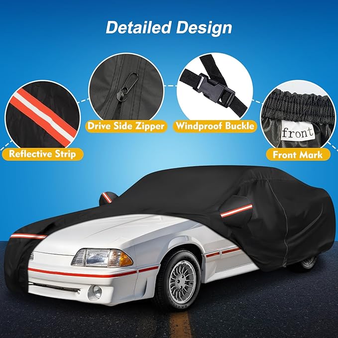 QUNSUNUS Waterproof Car Cover for Ford Mustang 1979-1993, Outdoor Car Covers with Zipper, All Weather Full Exterior Cover with Straps and Elastic Edges for Wind, Sun, UV and Dust Protection