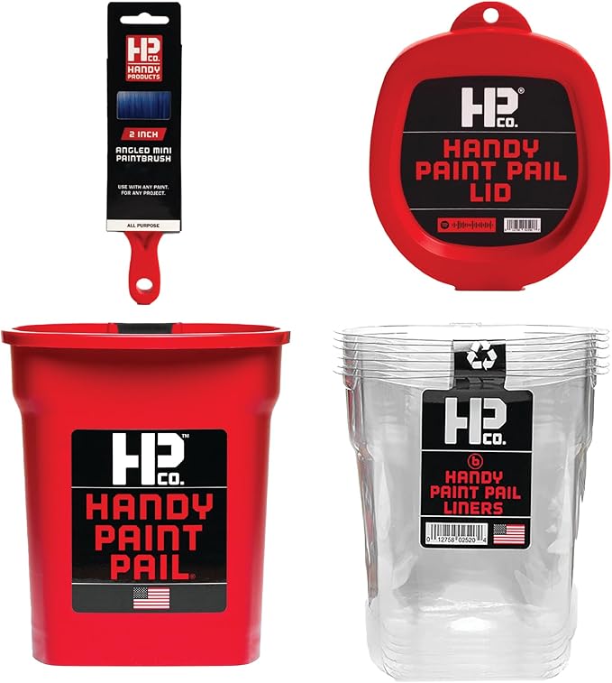HP CO. HANDY PRODUCTS Handy Paint Pail Kit- Includes Handy Paint Pail, 6 Disposable Liners, Snap-On Lid & 2" Angled Mini-Brush-Perfect for Trim, Cut-ins, and Small Painting Projects