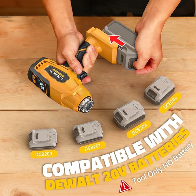 LIVOWALNY Cordless Heat Gun Compatible with Dewalt 20V Battery, 260W High Power Hot Air Gun (68°F-1112°F) & Airflow Control Digital Display for Shrink Wrapping Crafting(Battery Not Included)