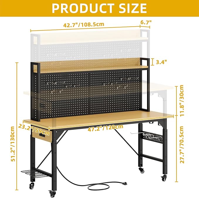 DWVO Adjustable Workbench with Pegboard 48", Heavy Duty Wood Top Work Bench with Wheels, 1600 LBS Load Capacity, Rolling Work Table with AC/USB Outlet, Hooks, Rack for Garage, Workshop, Office, Home