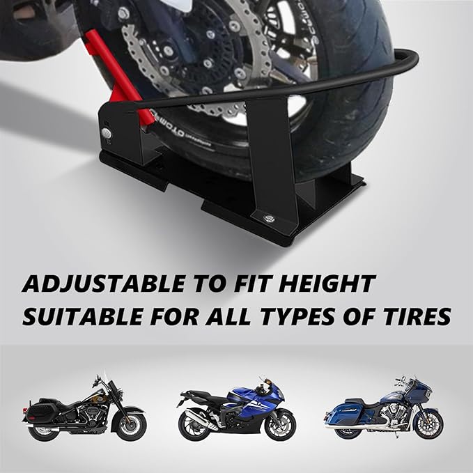 HOXWELL Heavy Duty Steel Motorcycle Wheel Chock,1800 lbs Capacity Wheel Cradle Holder,Motorcycle Front Wheel Stand with 3 Adjustable Height Holes,Easy to Carry and Move Suit for Dirt Bike,Motorcycles