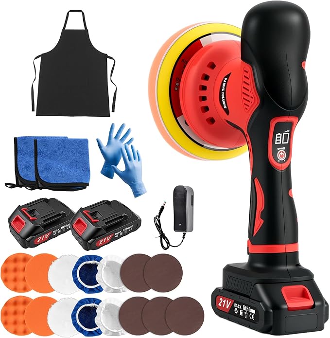 Cordless Car Buffer Polisher, 6 Inch Orbital Polisher Kit with 2x21V Batteries & 21 PCS Attachments - 8 Speeds Variable Max 6000RPM Car Buffer for Car Detailing, Waxing, Polishing, Scratch Removing