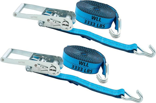 Mytee Products (2 Pack 2 Inch x 27 FT Blue Ratchet Strap with J Hooks - 10,000 Lbs Breaking Strength - Heavy Duty Tie Down Cargo Truck Straps with Wire Hooks for Flatbed, Truck, Trailers Pickup