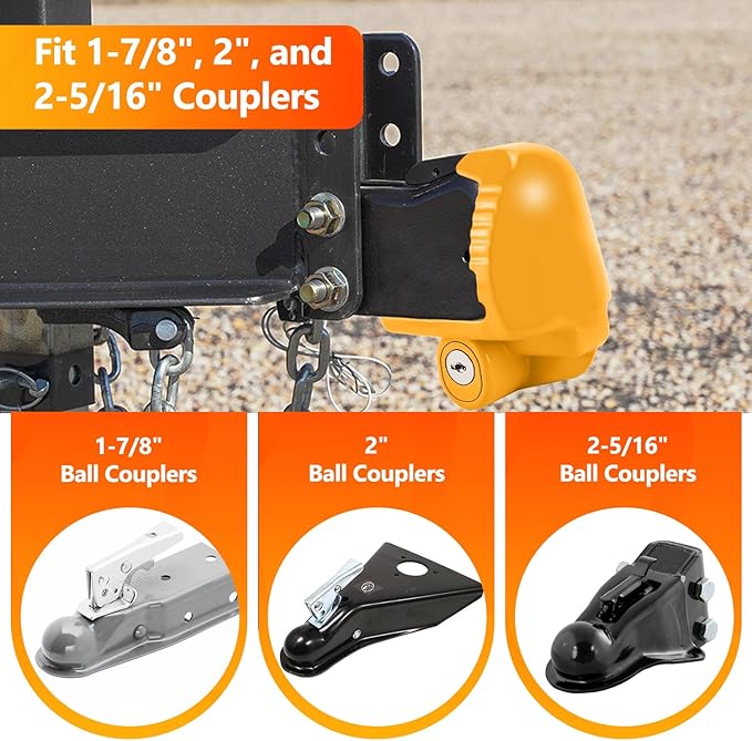 Cenipar Trailer Hitch Lock Universal Size Fit 1-7/8", 2", and 2-5/16" Couplers, Heavy Duty Steel, for Vehicles, Trailers, and RVs(Yellow)
