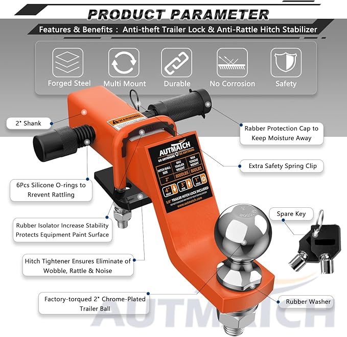 AUTMATCH Trailer Hitch Ball Mount with 2 Inch Hitch Ball - Fits 2" Receiver with Hitch Tightener, 8000Lbs Capacity Ball Hitch, 4-Inch Drop with 5/8" Hitch Lock Pin, Orange