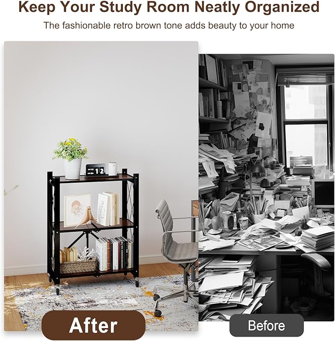 3 Tier Folding Shelf with Wheels, Wood and Metal Bookshelf, no Assembly Foldable Storage Shelves, Vintage Storage Rack for Living Room, Bedroom, and Home Office