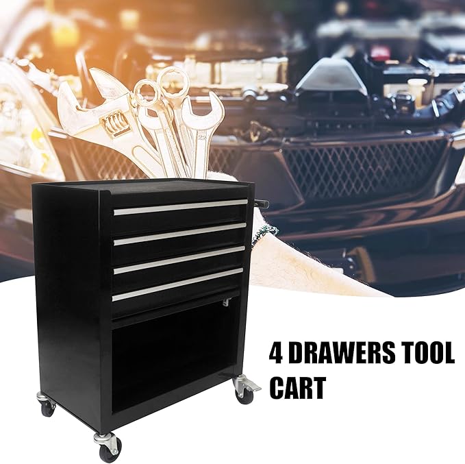 4 Drawer Tool Cart on Wheels, Rolling Tool Cart, Heavy Duty Utility Industrial Service Cart Storage Organizer with Locking System，Drawers Rolling Tool Box Organizer Tool Case for Garage, Repair Shop