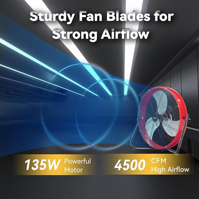 20 In High Velocity Floor Fan Pro, 4500 CFM 3 Speed Industrial Metal Floor Fan with Wall Mount for Commercial, Residential, Warehouse, Covered Patio, Shop, Garage, Barn - UL Safety Listed