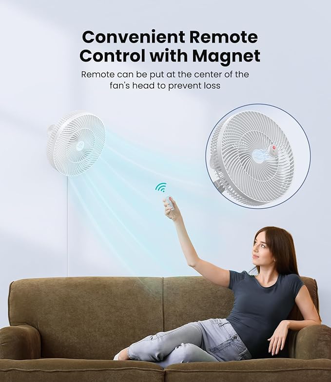 LEMOISTAR 12" Wall Mounted Fan with Remote Control, 90° Oscillating, 4 Speeds Timer and Adjustable Tilt, 8.2ft Cord, Quiet, Ideal for Home, Bedroom, Gym, Garage, RV, Office-White