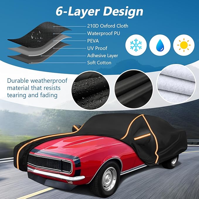 Car Cover for Chevy Camaro 1967-1981, Waterproof 210D Oxford Cloth and Cotton Cover Outdoor Full Car Covers with Zipper Windproof Heavy Duty All Weather with Wind, Sun, UV and Dust Protectio