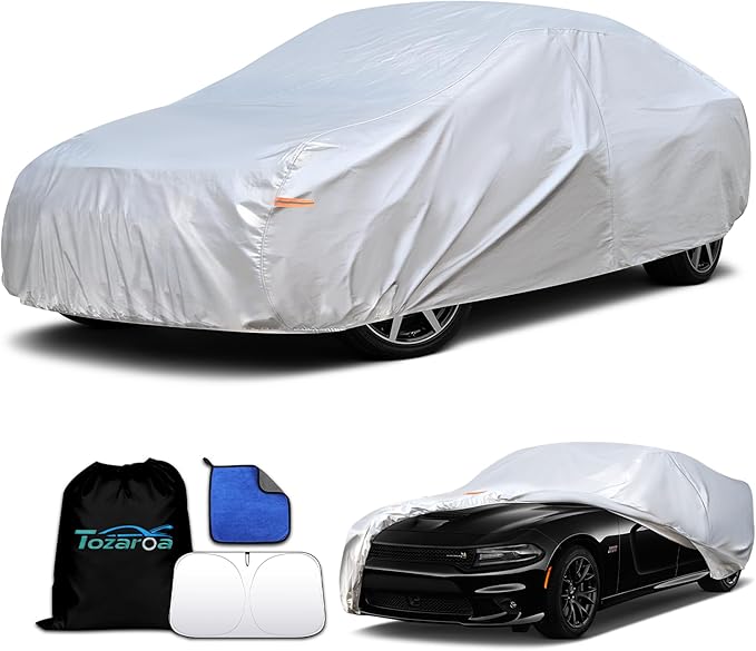 Car Cover Waterproof All-Weather,Heavy-Duty Outdoor Full Exterior Automobiles Snow Cover for Sedan/Coupe 194-203 inch,with Sun Visor,Anti-Scratch Cotton Lining & Zippered,Towel&Storage Bag